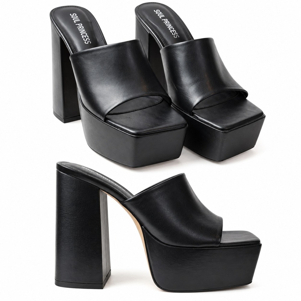 SOUL PRINCESS Platform Mule Sz 10 Black Square Open Toe 90s Y2K Disco Retro GUC